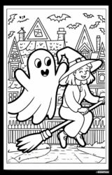 Witch and Ghost Coloring Page with Houses and Bats